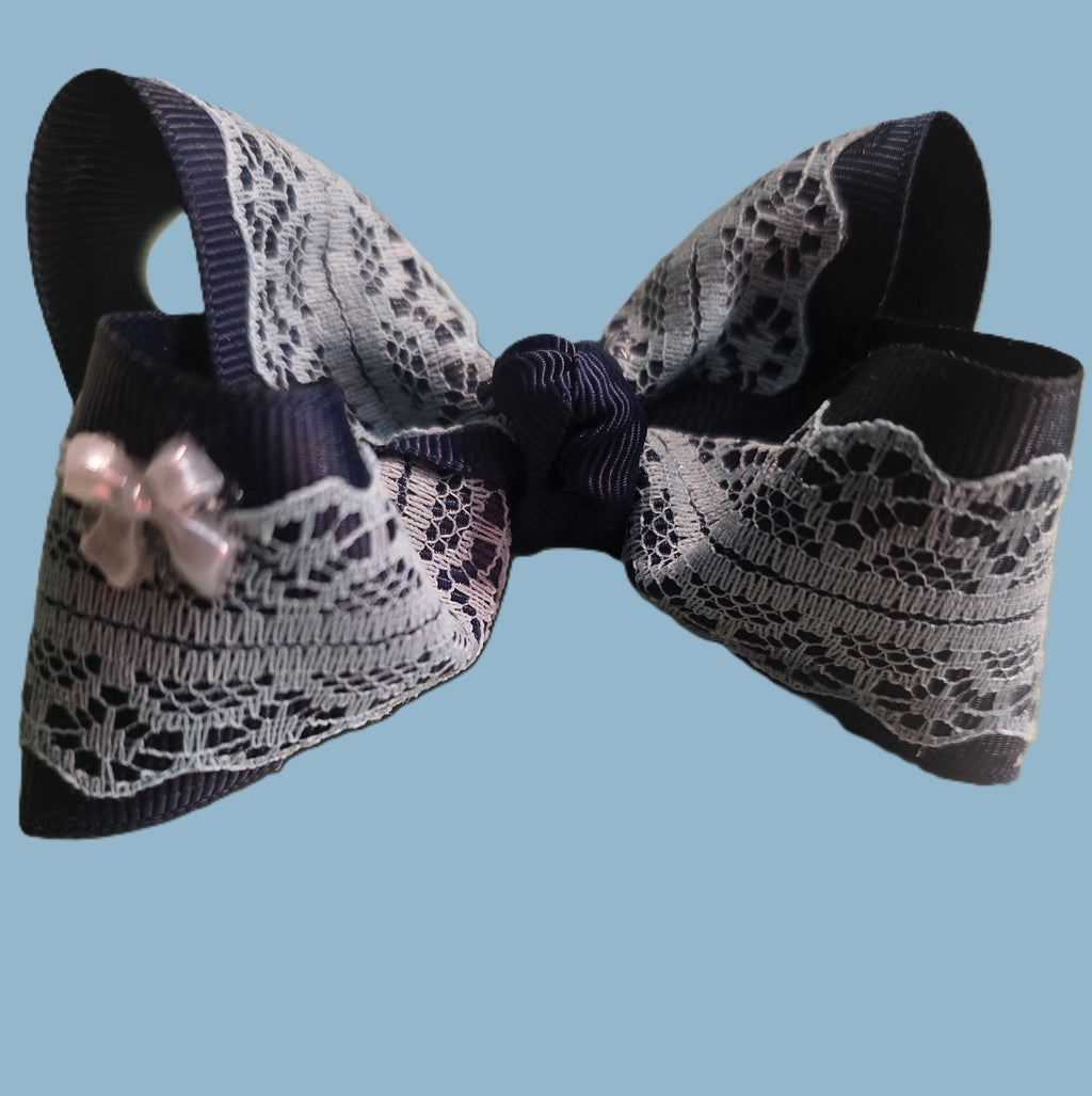 Navy & Light Blue Lace Boutique Hair Bow with Bow Embellishment