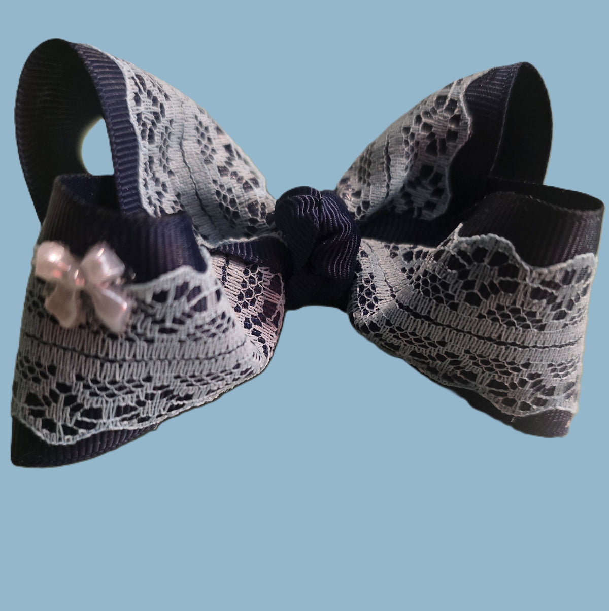 Navy & Light Blue Lace Boutique Hair Bow with Bow Embellishment