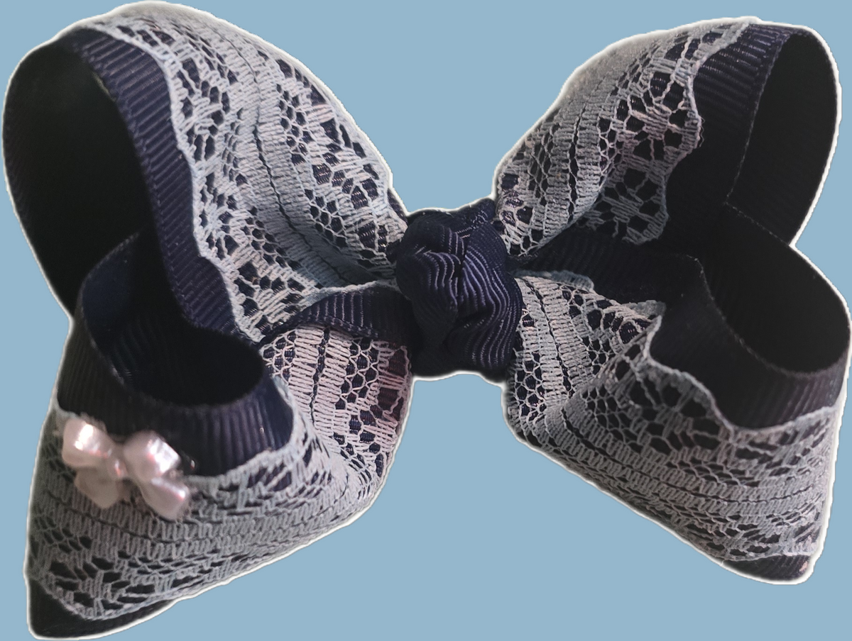 Navy & Light Blue Lace Boutique Hair Bow with Bow Embellishment