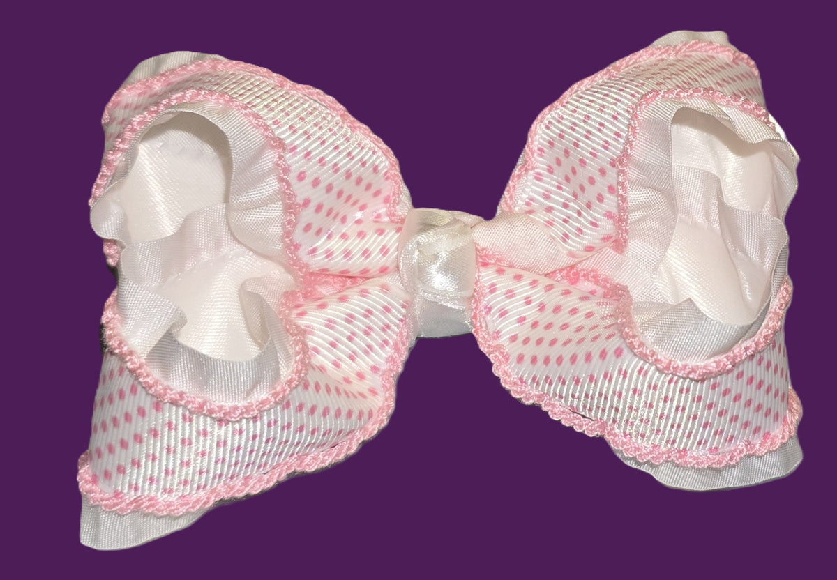 Pink & White Polka Dot Double Ruffle Boutique Hair Bow