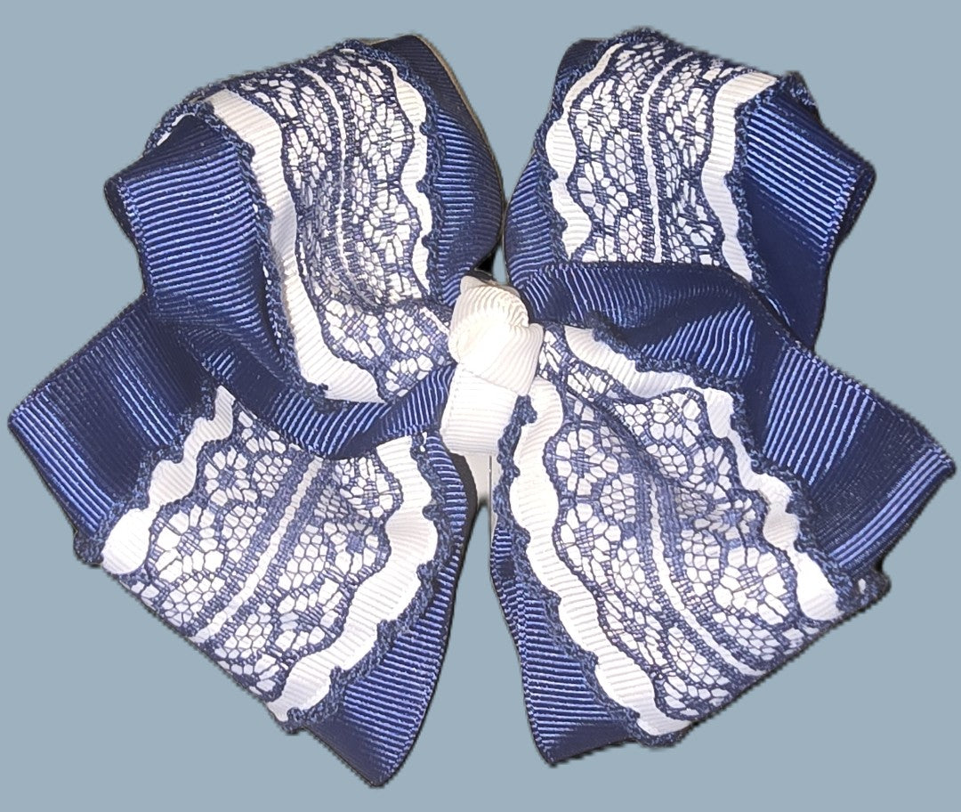 Navy & White Lace Bow